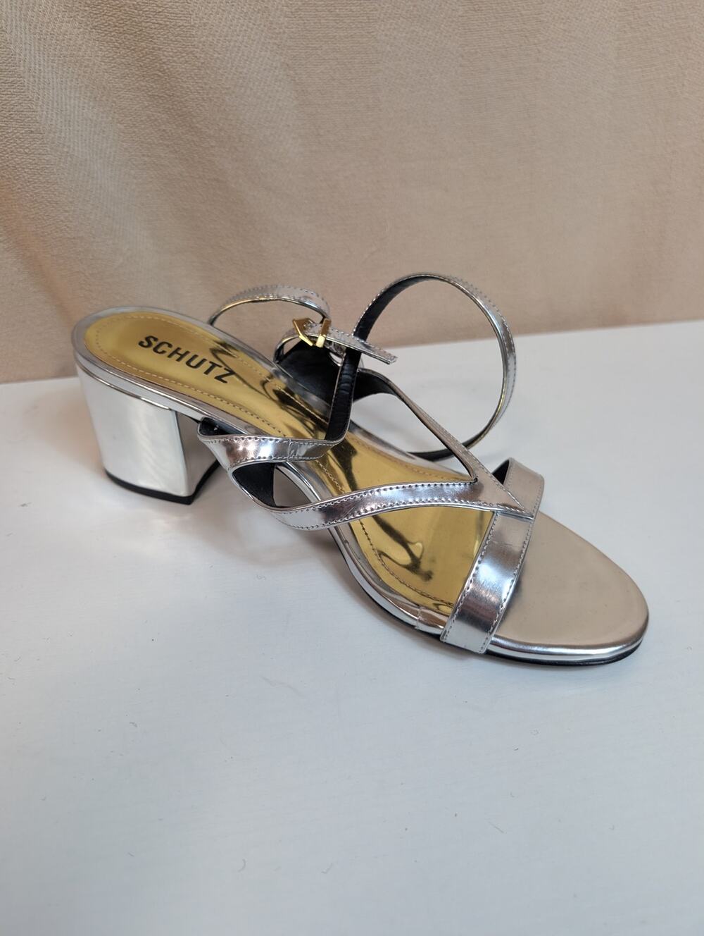 Schutz Heel Sandal Women's 9.5B Silver/Prata Stephanie Block Heel Sandal (1198)
